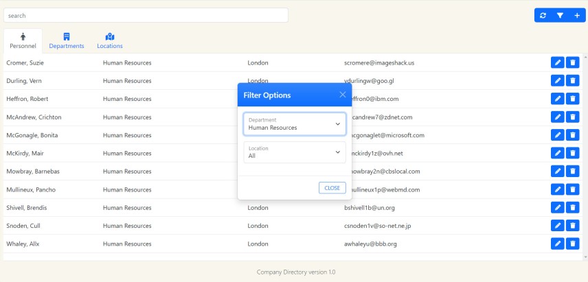 picture of Company Directory filter modal