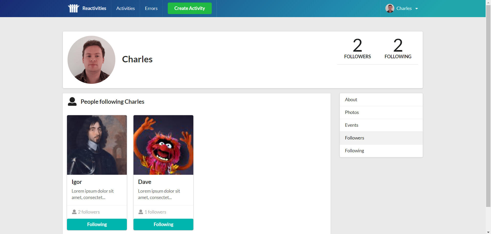 picture of Reactivities user followers page